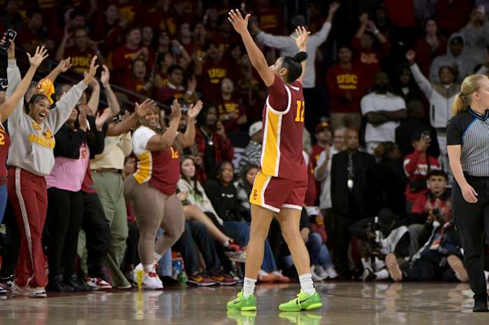 USC Trojans guard JuJu Watkins celebrates after defeating the UCLA Bruins.